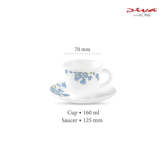 La Opala Diva, Opal Glass Crockery | Cup & Saucer Tulip Regular, Set of 12 | Aster Blue, 160 ml | for Tea & Coffee | Microwave Safe | 100% Vegetarian | Extra Strong | Super Light | Super White