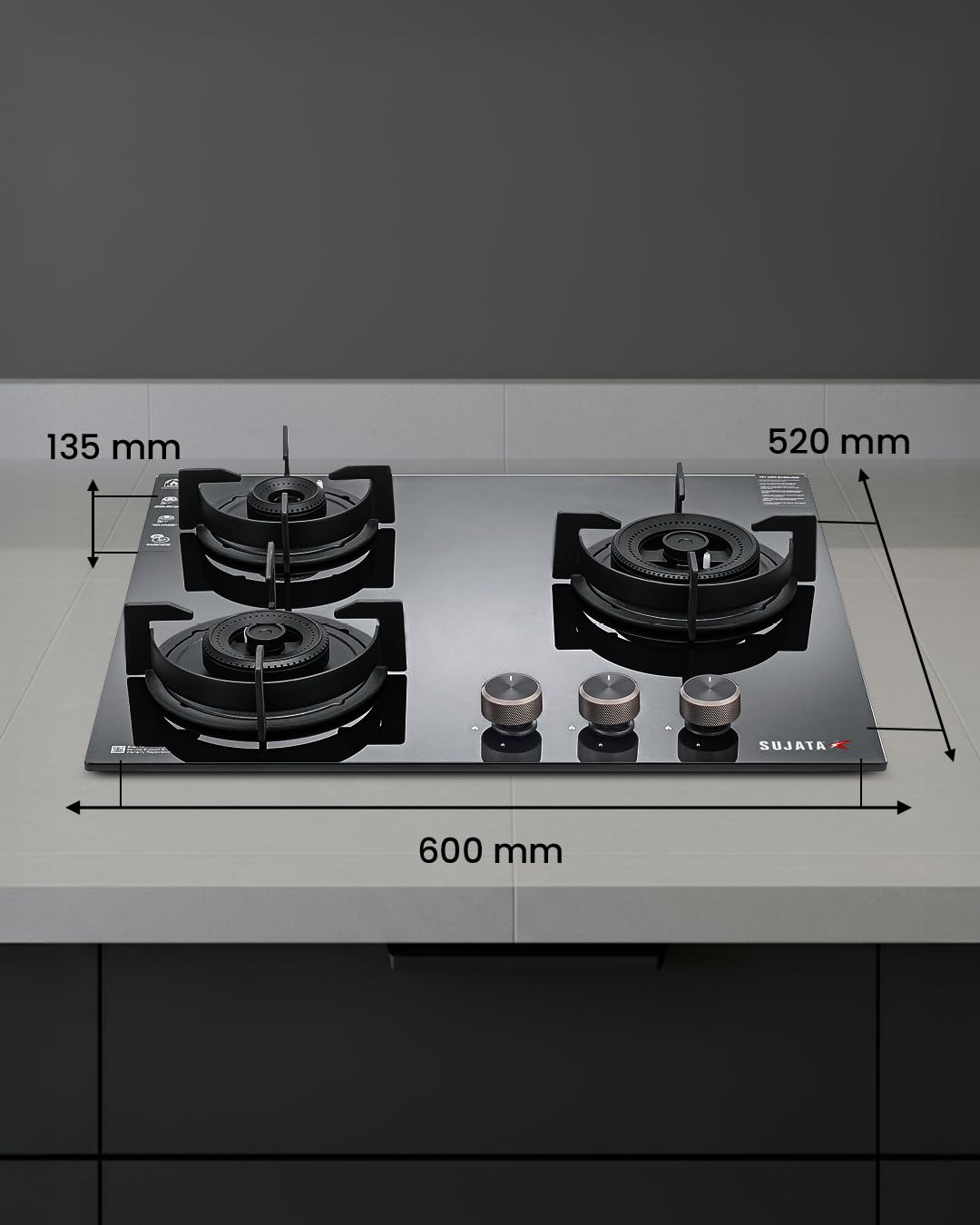 Sujata 3 Burner Gas Stove Glass Top | 5 Years Warranty | Auto Ignition Gas Stove 3 Burner, CookTop cum Hob Top 3 Burners, LPG & PNG Compatible, Brass Burner (Indium Auto Ignition - Black)