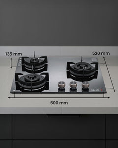 Sujata 3 Burner Gas Stove Glass Top | 5 Years Warranty | Auto Ignition Gas Stove 3 Burner, CookTop cum Hob Top 3 Burners, LPG & PNG Compatible, Brass Burner (Indium Auto Ignition - Black)