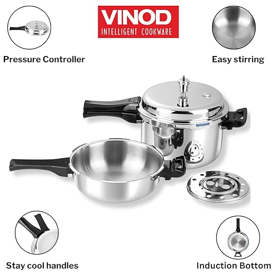 Vinod Platinum Pressure Cooker with Deep Pan Pressure Cooker & Common Lid - 2 pc Combo Set