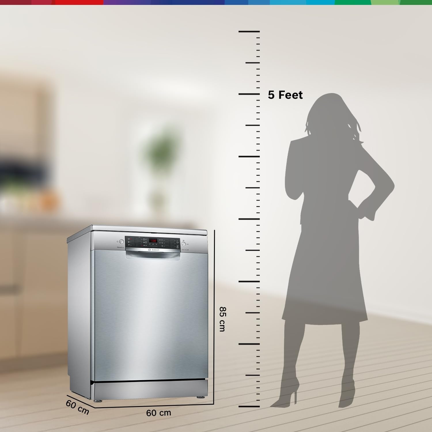 Bosch 14 Place Setting Dishwasher with Intensive Kadhai Program, 70⁰ Hot water wash, 3-Stage Adjustable Upper Rack, No Pre-Rinse (SMS46KI03I, Silver, Glass Protection Technology)