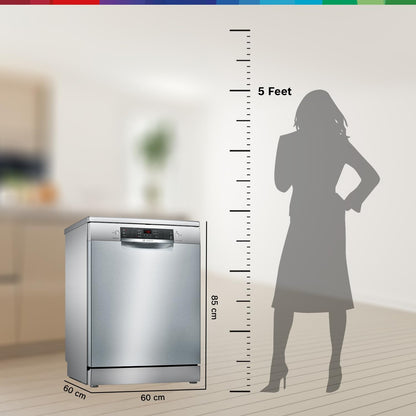 Bosch 14 Place Setting Dishwasher with Intensive Kadhai Program, 70⁰ Hot water wash, 3-Stage Adjustable Upper Rack, No Pre-Rinse (SMS46KI03I, Silver, Glass Protection Technology)