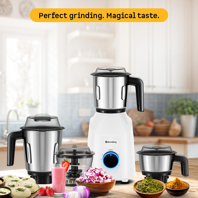 Atomberg Yulia 750 Watt Mixer Grinder | 4 Multipurpose Jars including Chopper Jar | Coarse Mode for Silbatta-like Textures | Powerful Intelligent Motor | Advanced Safety Features | Snow White