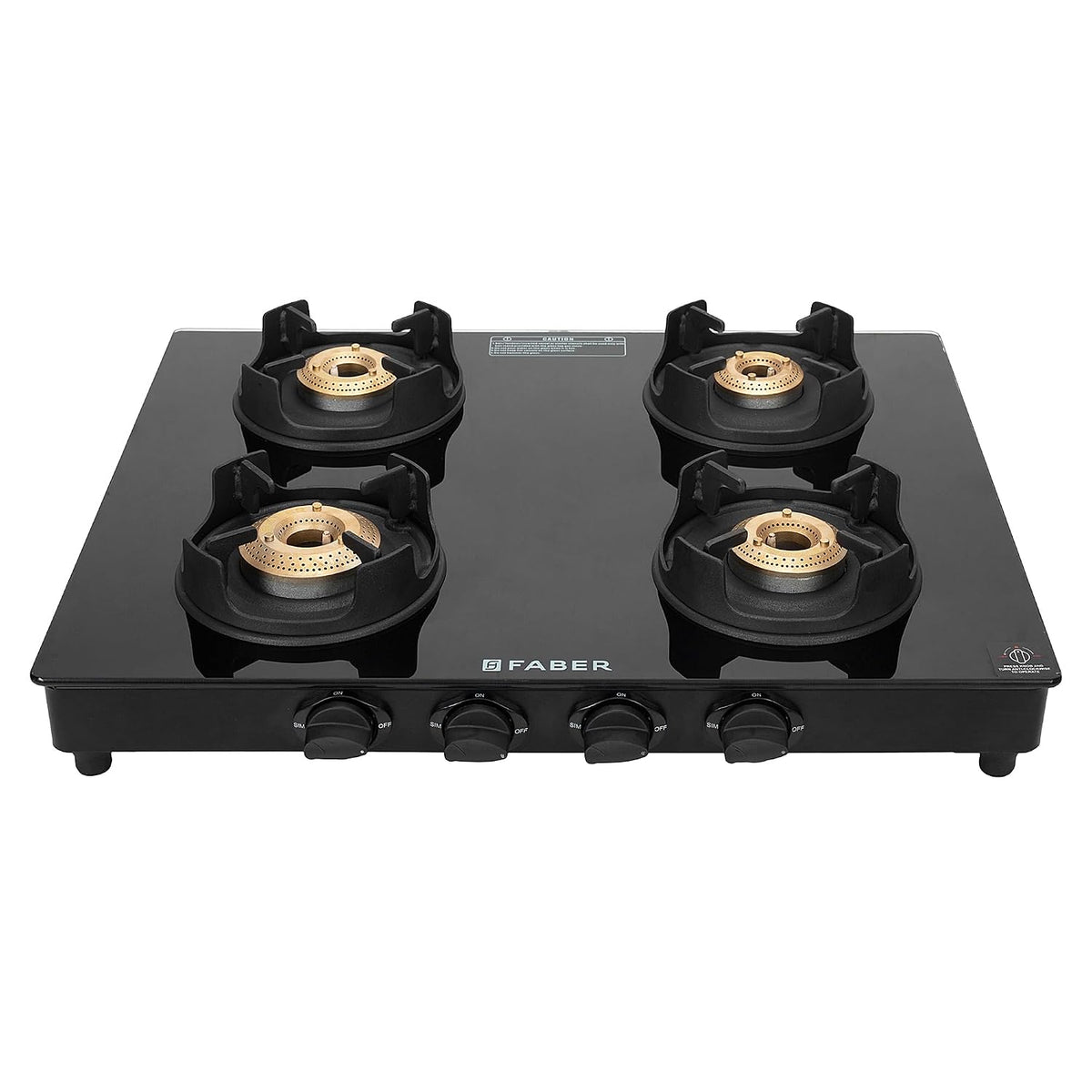 Faber 4 Burner Auto-Ignition Cooktop| ONYX AI 4BB BK |Black ABS Knobs| Brass Burners| Cast Iron Pan Support| Black Glass