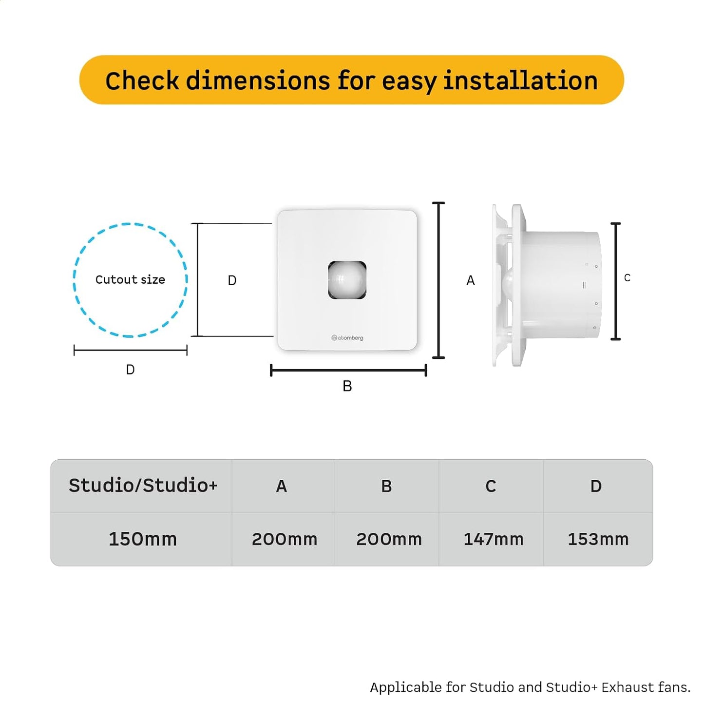 atomberg Studio+ Exhaust Fan 150mm (6 Inches) | BLDC Motor | 6.8W| Low Noise | 2000 RPM| Ideal for Bathroom,Kitchen | Easy to Clean | Installation-Round Cut (153mm) | 2 Years Warranty | (Gloss White)
