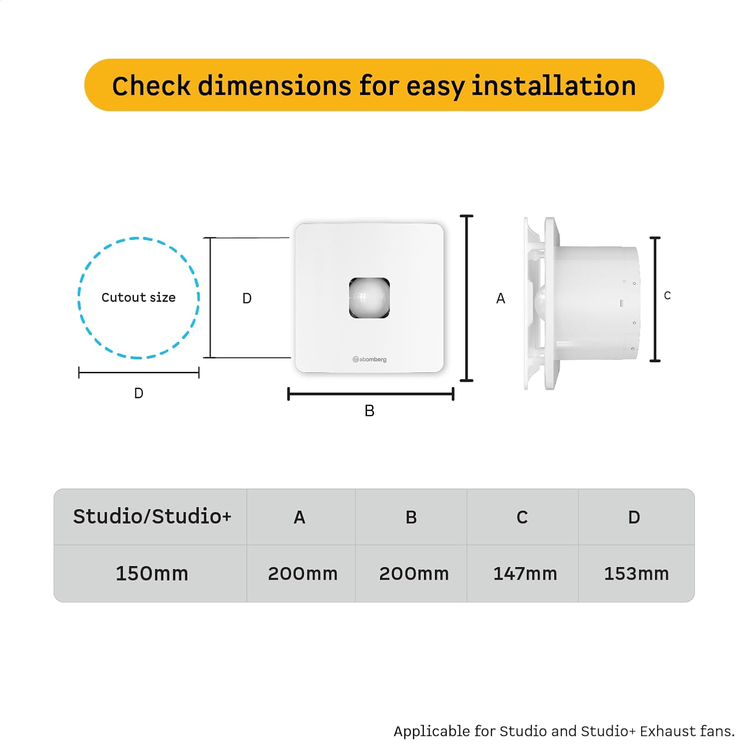 atomberg Studio+ Exhaust Fan 150mm (6 Inches) | BLDC Motor | 6.8W| Low Noise | 2000 RPM| Ideal for Bathroom,Kitchen | Easy to Clean | Installation-Round Cut (153mm) | 2 Years Warranty | (Gloss White)
