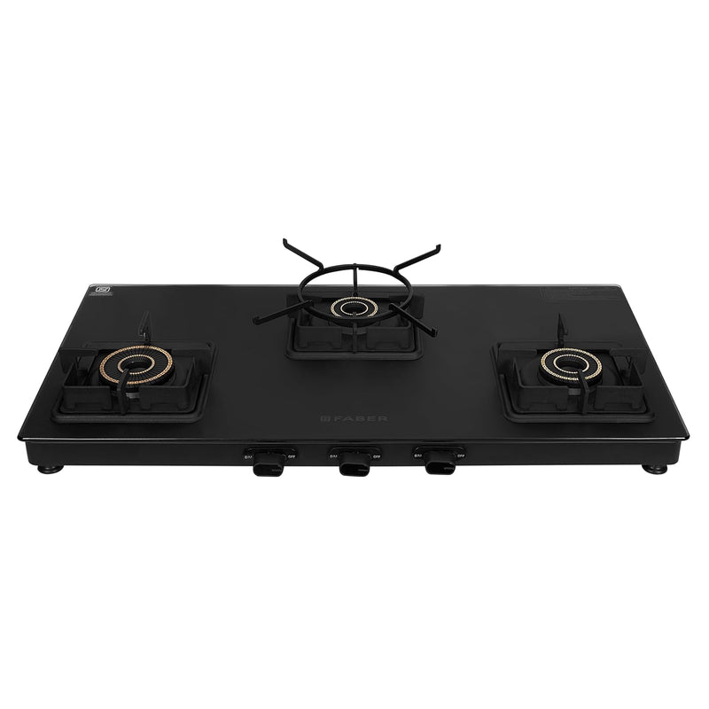 Faber Blossom Black Matt Glass Finish Cooktop|3 Brass Burners-Jumbo, Medium & Small |Manual Ignition|Heavy Pan Support W