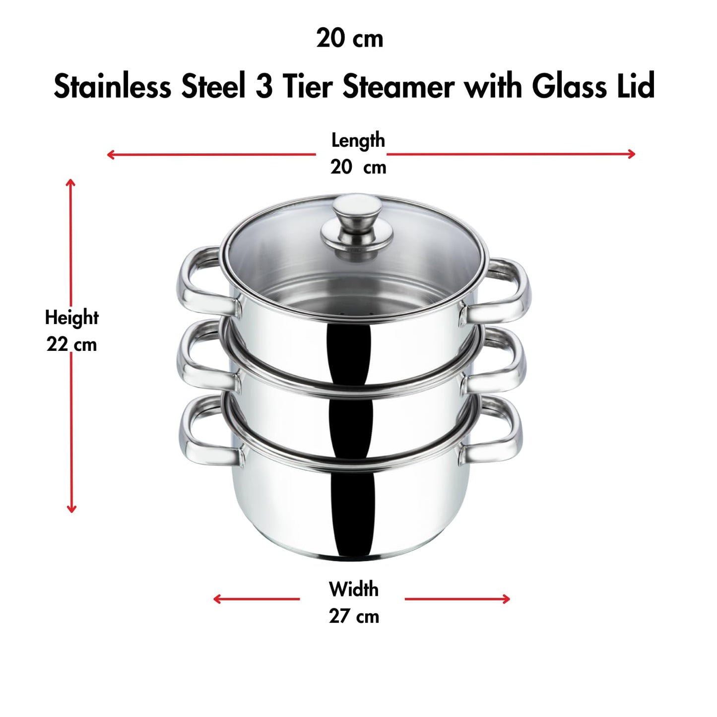 Vinod Stainless Steel 3-Tier Steamer – 20 cm | Momo & Modak Maker | Vegetable Steamer with Glass Lid & Riveted Handles | Induction & Gas Compatible, Silver