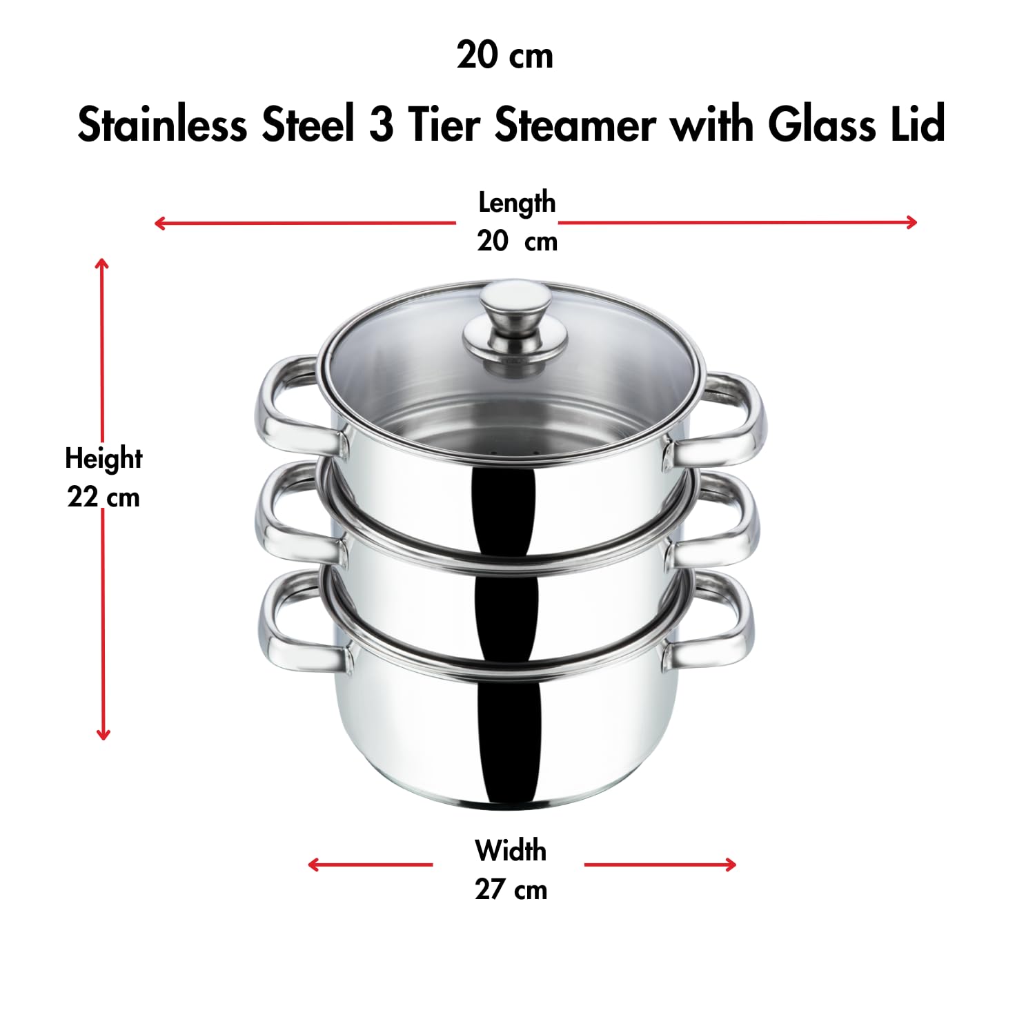 Vinod Stainless Steel 3-Tier Steamer – 20 cm | Momo & Modak Maker | Vegetable Steamer with Glass Lid & Riveted Handles | Induction & Gas Compatible, Silver