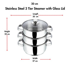 Vinod Stainless Steel 3-Tier Steamer – 20 cm | Momo & Modak Maker | Vegetable Steamer with Glass Lid & Riveted Handles | Induction & Gas Compatible, Silver