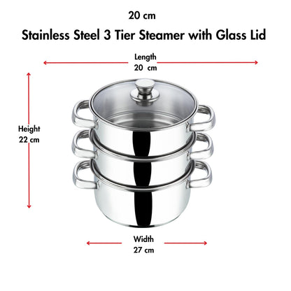 Vinod Stainless Steel 3-Tier Steamer – 20 cm | Momo & Modak Maker | Vegetable Steamer with Glass Lid & Riveted Handles | Induction & Gas Compatible, Silver
