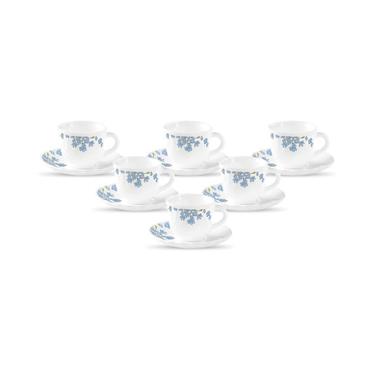 La Opala Diva, Opal Glass Crockery | Cup & Saucer Tulip Regular, Set of 12 | Aster Blue, 160 ml | for Tea & Coffee | Microwave Safe | 100% Vegetarian | Extra Strong | Super Light | Super White