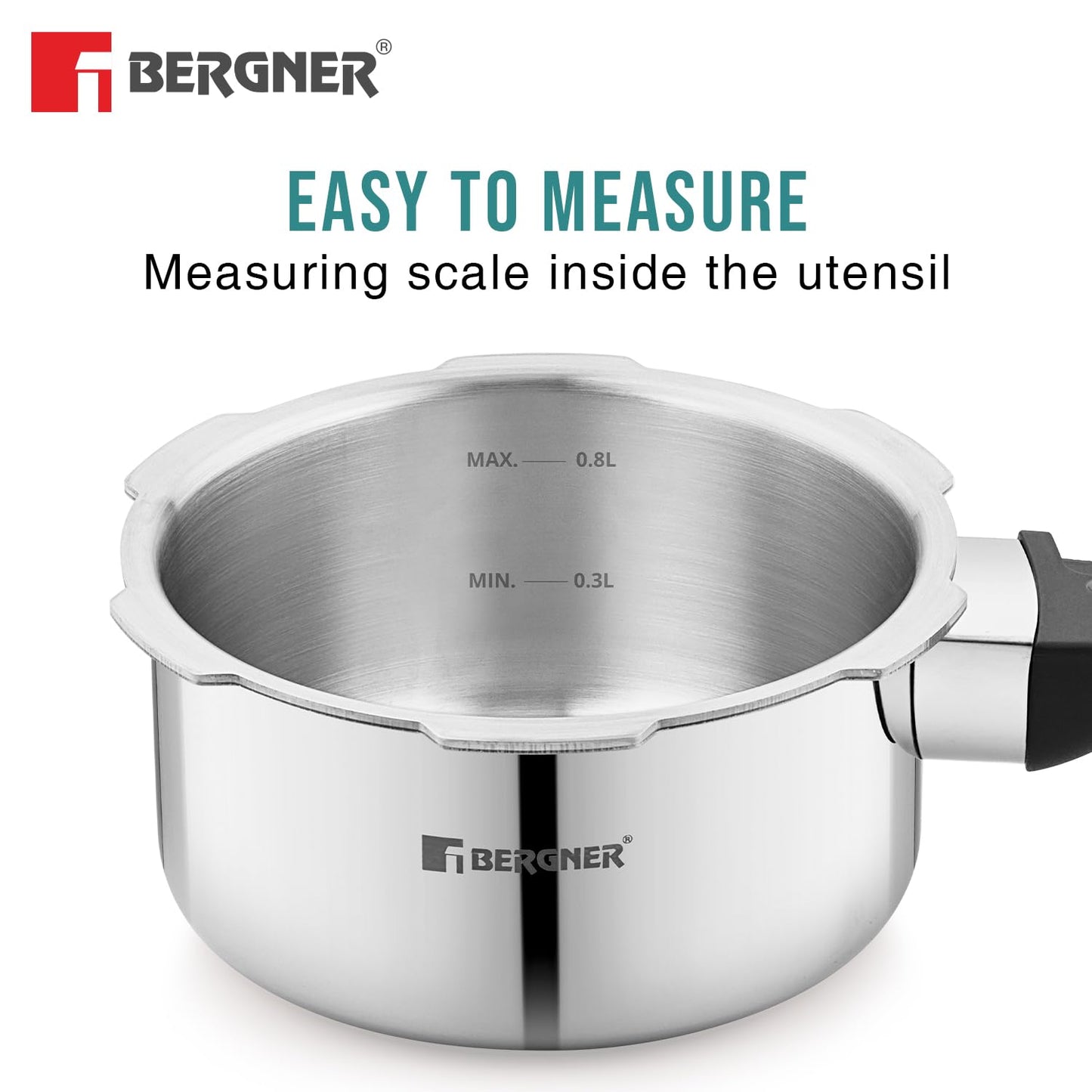 Bergner Tri-Max Junior TriPly 1 Litre Pressure Cooker, Triply Heavy Bottom Outer Lid Mini Pressure Cooker, 1 Pc Free Safety Valve, Measuring Scale Inside - Induction Bottom and Gas Stove Ready