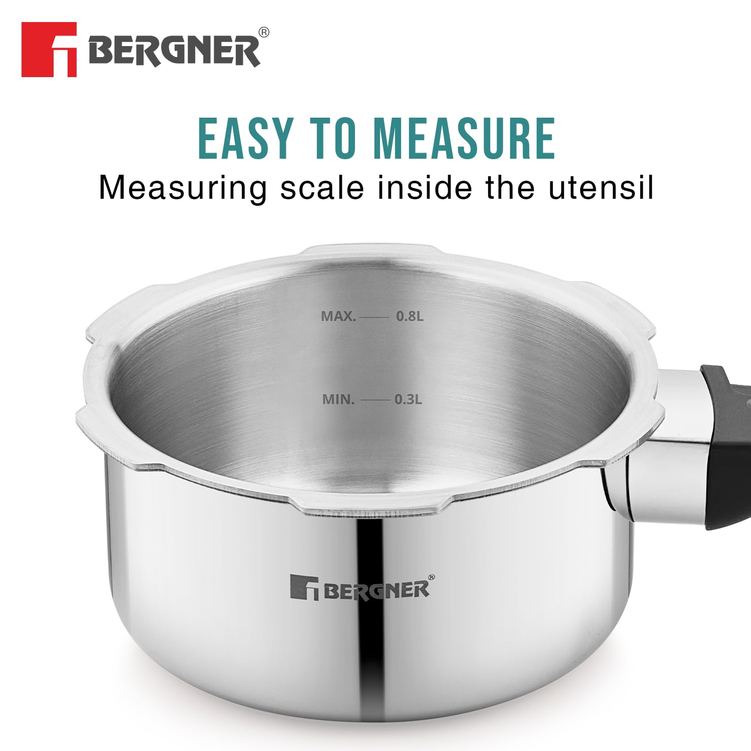 Bergner Tri-Max Junior TriPly 1 Litre Pressure Cooker, Triply Heavy Bottom Outer Lid Mini Pressure Cooker, 1 Pc Free Safety Valve, Measuring Scale Inside - Induction Bottom and Gas Stove Ready