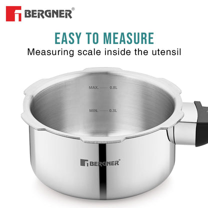 Bergner Tri-Max Junior TriPly 1 Litre Pressure Cooker, Triply Heavy Bottom Outer Lid Mini Pressure Cooker, 1 Pc Free Safety Valve, Measuring Scale Inside - Induction Bottom and Gas Stove Ready