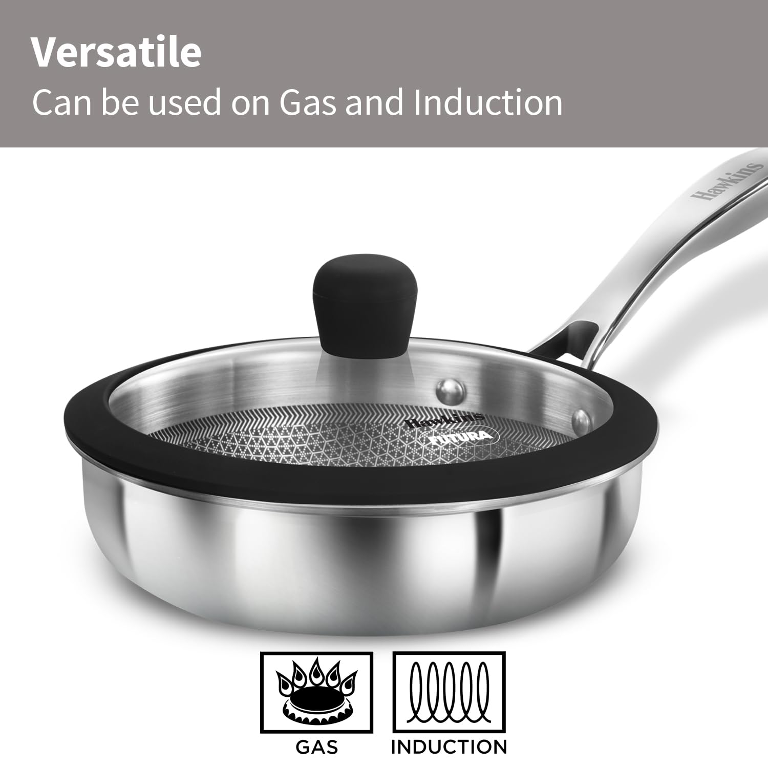 Hawkins Pro 18 cm Shielded Nonstick Triply Frying Pan, Fry Pan with Stainless Steel Handle and Glass Lid, Silver (PSNF18G)