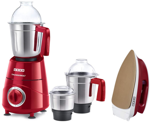 USHA Thunderbolt 800-Watt Copper Motor Mixer Grinder with 3 Jars and 5 Years Motor Warranty(Red) & Usha Goliath GO1200WG Heavy Weight 1200-Watt Dry Iron, 1.8 Kg(Red)