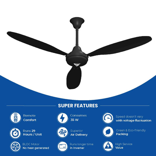 Superfan SuperX1 1200mm BLDC Ceiling fan for Home | India&#39;s 1&#39;st BLDC fan| BEE 5 Star Rated Energy Efficient BLDC Fan| 5 Year Warranty (Black)