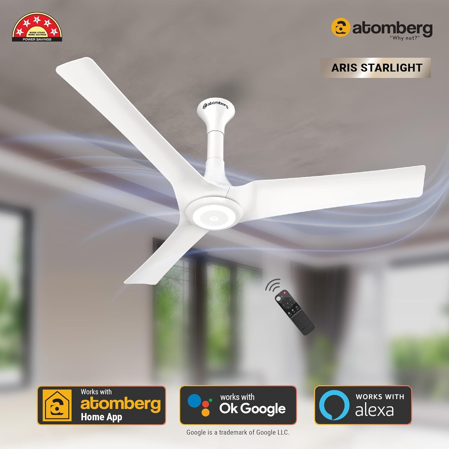 atomberg Aris Starlight 1200mm BLDC Ceiling Fan with Underlight, IoT & Remote Control | Smart Fan with Noiseless Operation (Marble White)