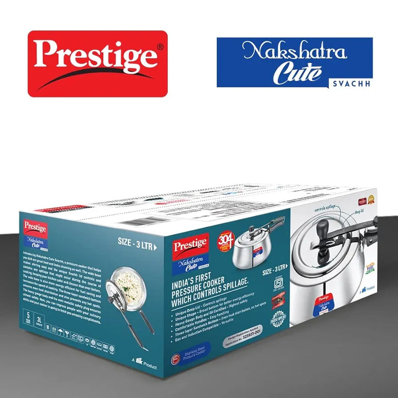 Prestige 3Litre Stainless Steel Nakshatra Cute Svachh Pressure Cooker|Deep Inner lid for spillage control|Induction compatible|3 layers sandwich bottom|Heavy gauge body|5 years warranty|ISI Certified