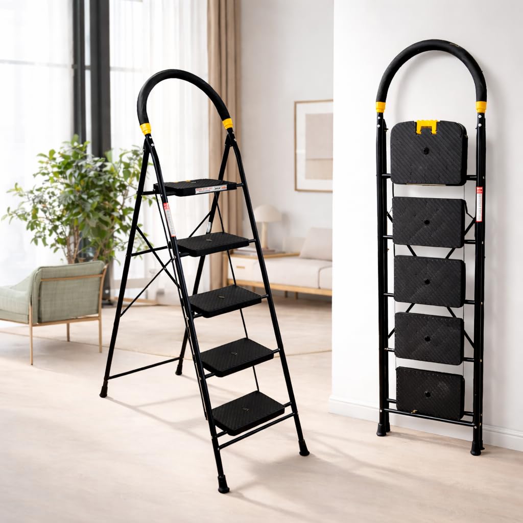 HOUZA Steel Ladder for Home 5 Steps Foldable with Anti-Skid Wide Steps (30cm x 20cm) | 5 Step Ladder for Home Use with Secure Lock | 150 Kg Load Capacity Folding Ladder | 5 Year Warranty (Black)