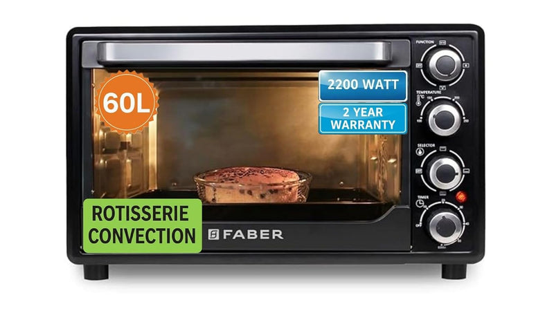 Faber 60L 2200W OTG | Bake, Toast, Roast, Grill | 4 Heating Functions, Upper & Lower Heating, Rottisserie, 360° Convection| Indicator Light, Auto Shut-Off, Ready Bell | Removable Crumb Tray | (Black)