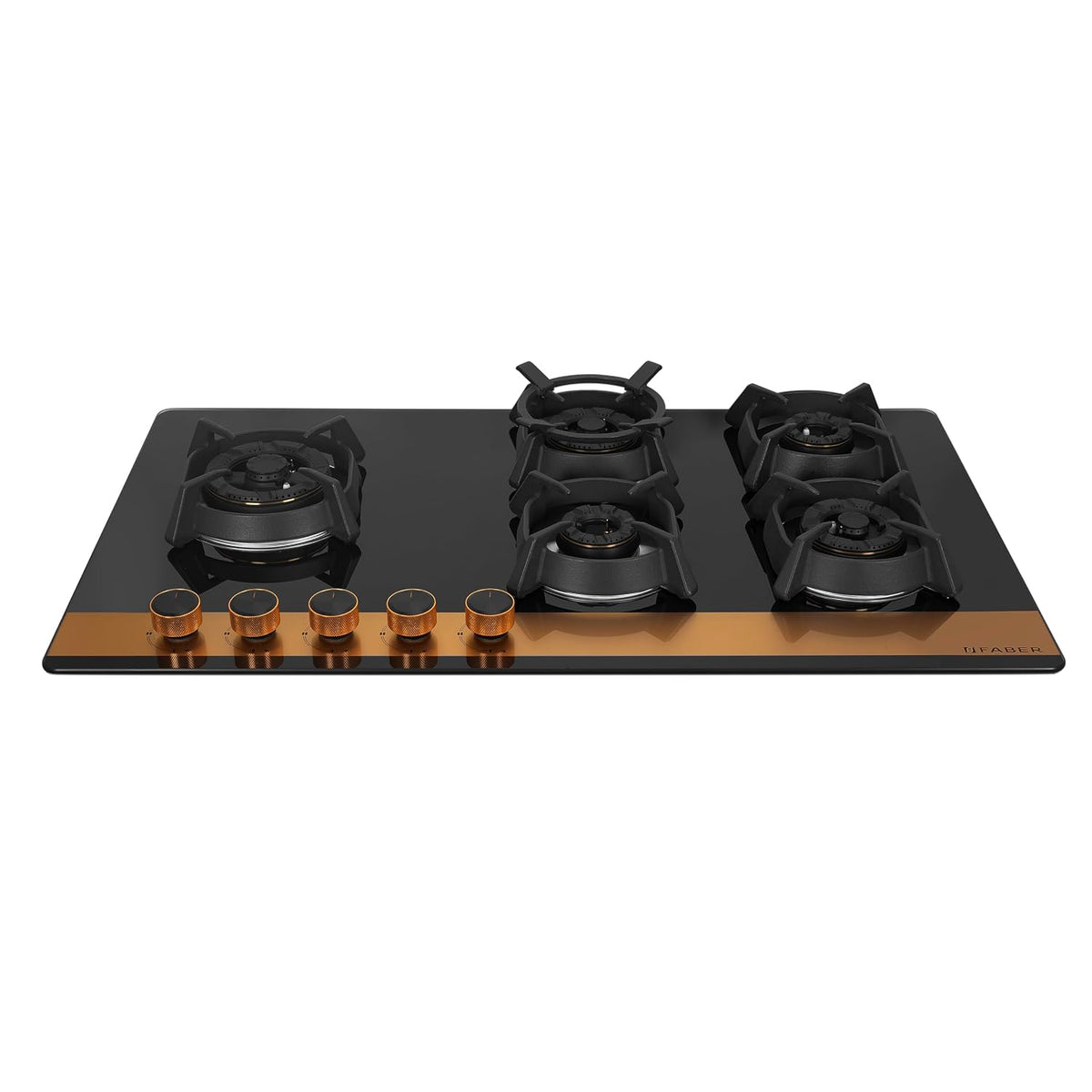 Faber 90cm 5Burner Gas Hob | Flame Failure Device | Cast Iron Pan Support | Metal Knobs | Dual Flame Burner | 8mm Toughe