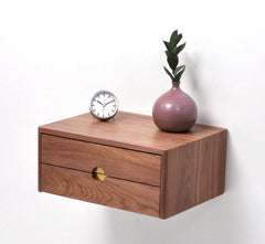 Elegant Floating Nightstand with Double Drawer – Sheesham Wood, Walnut Finish – Space-Saving Wall-Mounted Bedsi