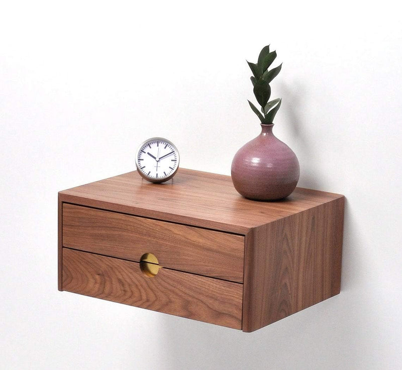 Elegant Floating Nightstand with Double Drawer – Sheesham Wood, Walnut Finish – Space-Saving Wall-Mounted Bedsi