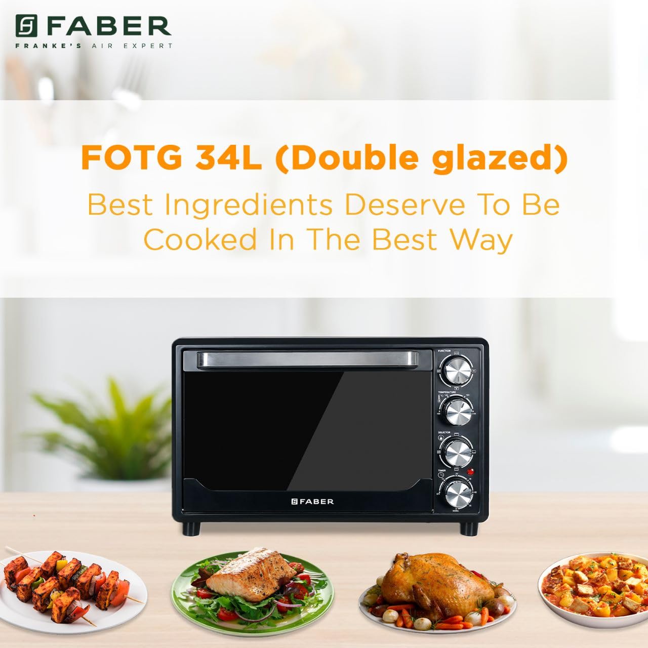 Faber 34L Double Glazed 1600W OTG|Bake, Toast, Roast, Grill|6 Functions, Upper & Lower Heating, Rotisserie, 360° Convection,Crumb Tray, Double Glaze Glass|Bake Plate, Pizza Plate, Silicon Gloves|Black