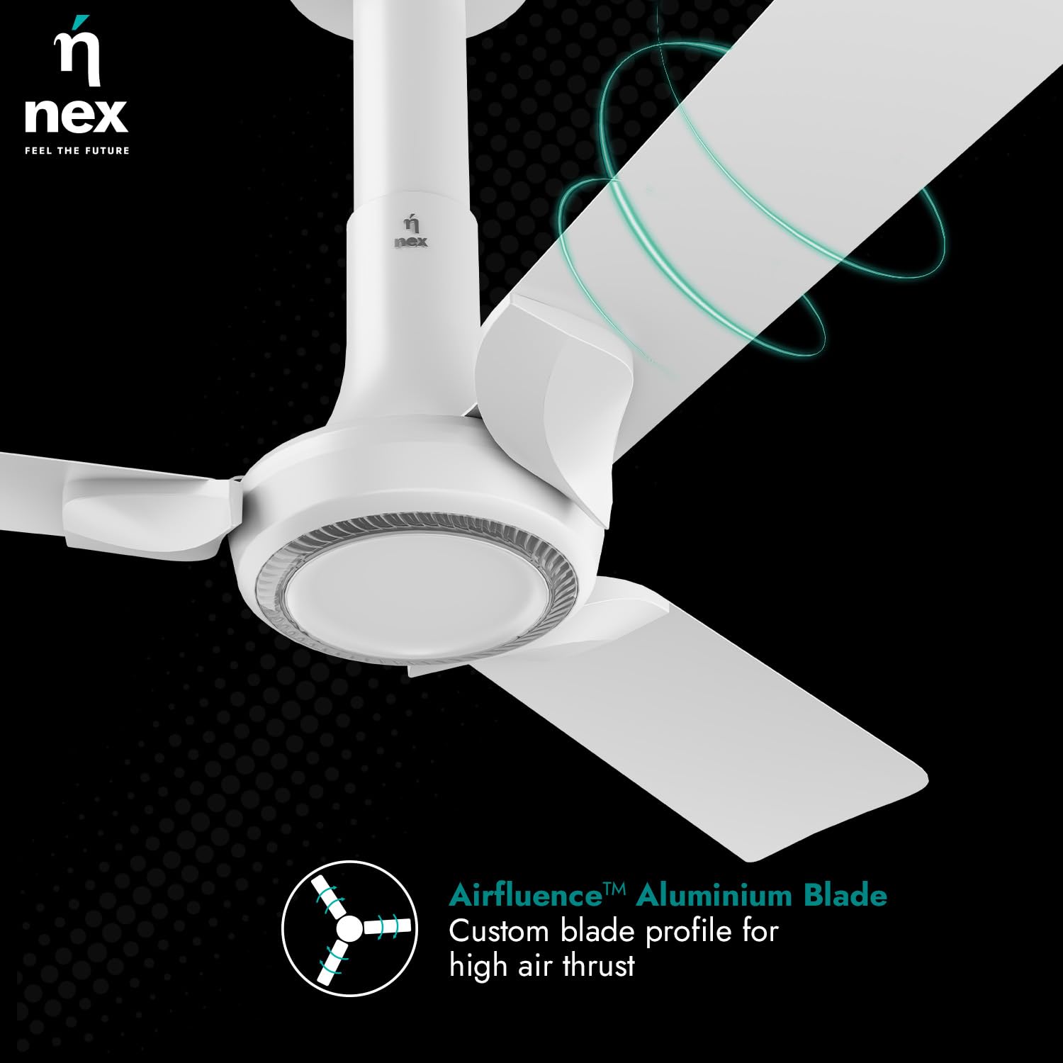 NNEX by BAJAJ Glyde A60 1200 MM | BEE 2 Star Rated Premium Ceiling Fan | 20% Higher Air Thrust* | Airfluence™ Al Blades | Adjustable Downrod | 2-Yr Warranty 【Cotton White】