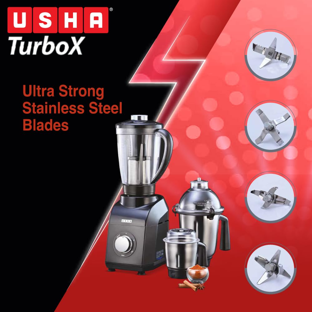 USHA 1200W TurboX Mixer Grinder | Faster and finer grinding | 100% Copper motor for long life, durability | 4 Stainless Steel Jars With Fruit Filter | 24000 rpm | 90 minutes continuous run time