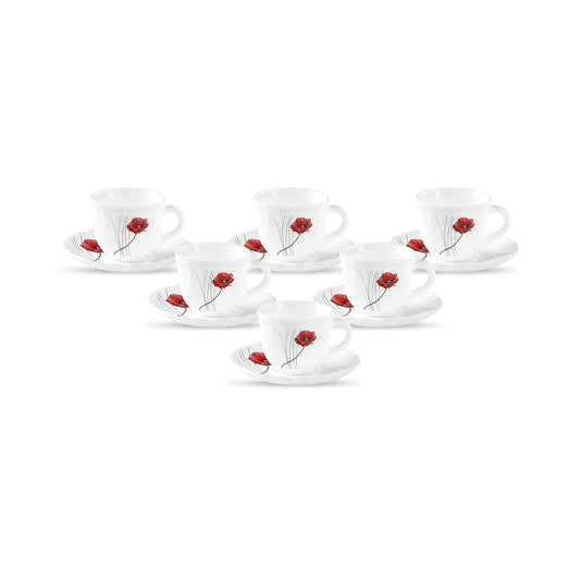 La Opala Diva, Opal Glass Crockery | Cup & Saucer Tulip Large, Set of 12 | Soul Passion, 220 ml | for Tea & Coffee | Microwave Safe | 100% Vegetarian | Extra Strong | Super Light | Super White