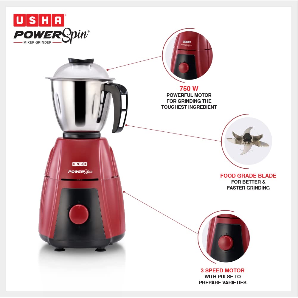 Usha Powerspin 750 Watt Mixer Grinder, 3 Stainless Steel Jars with handle (Maroon & Black) | Powerful 100% copper motor with 2 years Product Warranty & 5 Years Motor Warranty|ISI Certified