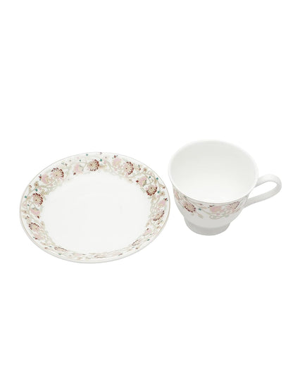 Clay Craft New Georgian Series Fine Ceramic Cup&Saucer Set of 12 (6 Cups+6 Saucers) Red&White Floral Design-Gift to Your Loved Ones On Any Occassions.,Medium (Cc-Cs12-Newgeorgian-S398) 180 Milliliter