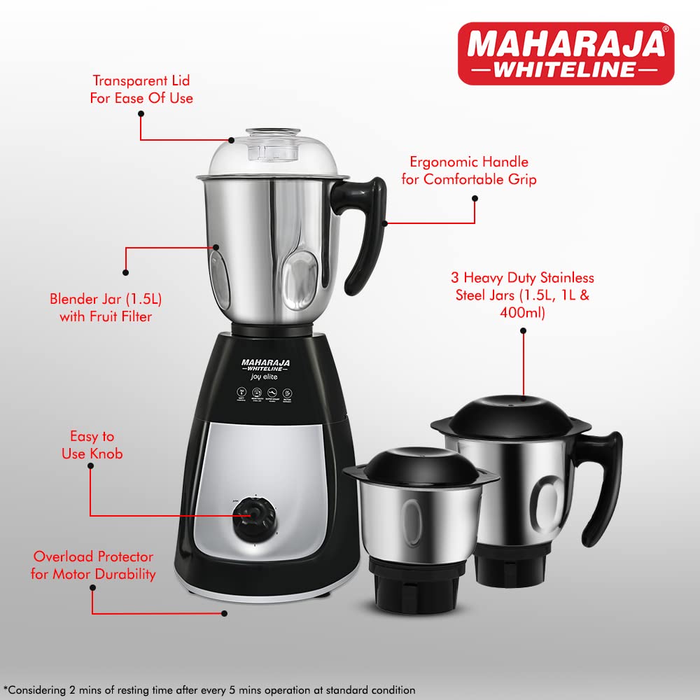 Maharaja Whiteline Joy Elite 750W Mixer Grinder with 4 Jars, Black