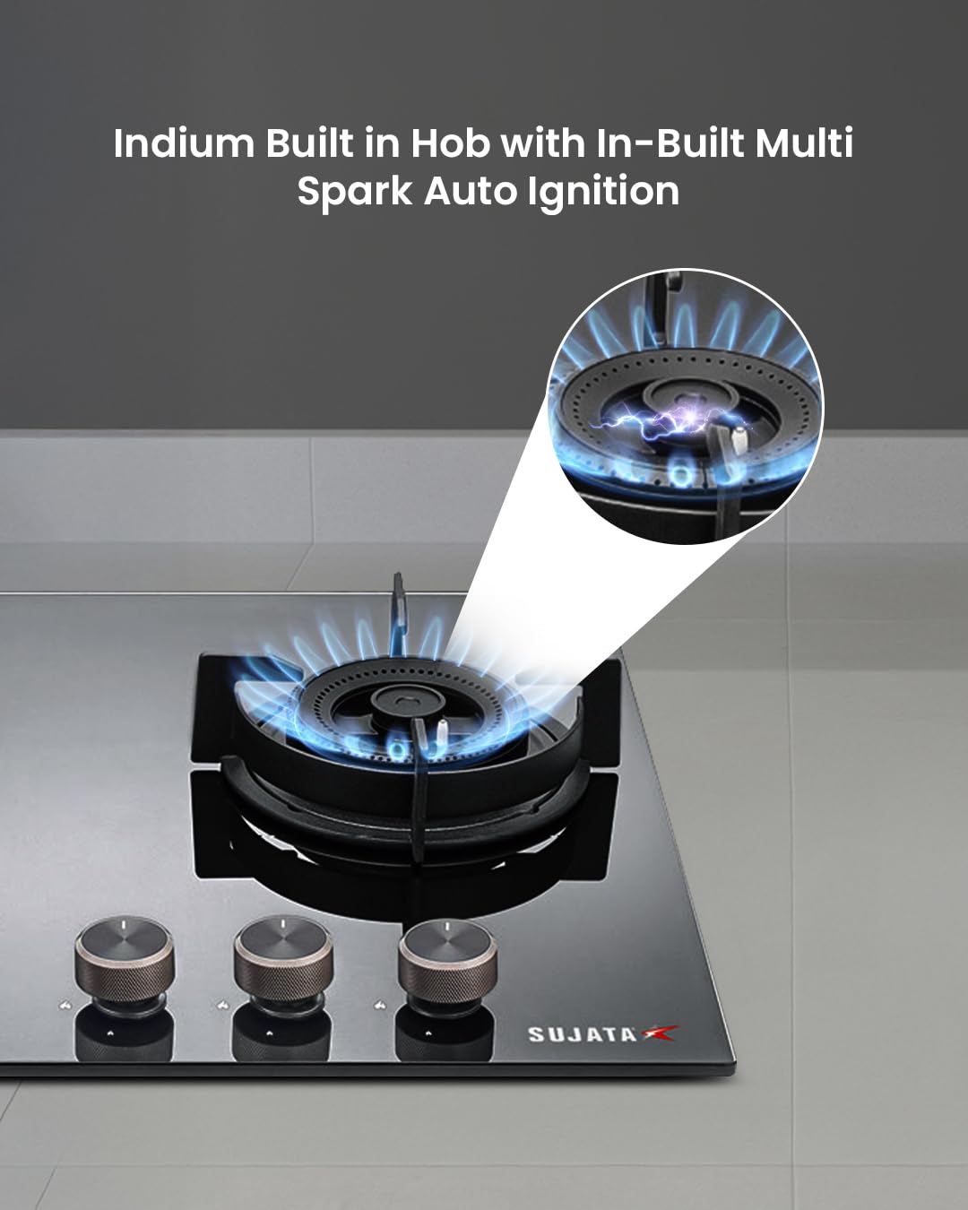 Sujata 3 Burner Gas Stove Glass Top | 5 Years Warranty | Auto Ignition Gas Stove 3 Burner, CookTop cum Hob Top 3 Burners, LPG & PNG Compatible, Brass Burner (Indium Auto Ignition - Black)