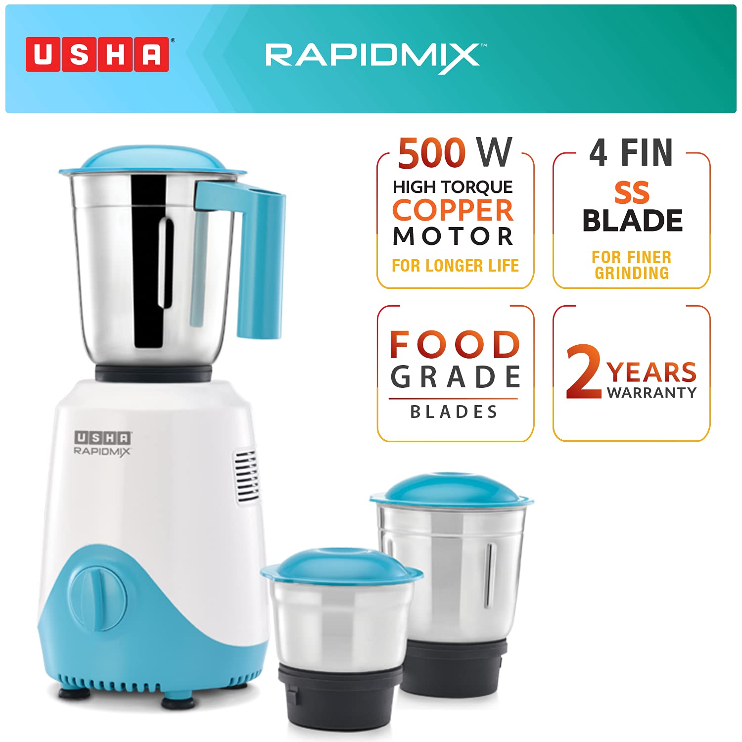 USHA RapidMix 500-Watt Copper Motor Mixer Grinder with 3 Jars (Sea Green/White) & 3345 450-Watt Juicer Mixer Grinder with 2 Jars (White)