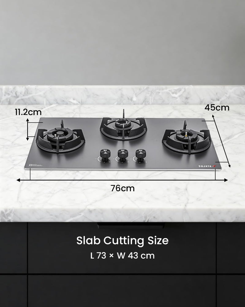 Sujata Gas Stove 3 Burners | 5 Years Warranty | 3 Burner Gas Stove Stainless Steel Auto Ignition, CookTop cum Hob Top, LPG Ready & PNG Compatible, Brass Burner (Osmium - 3 Burner Auto Ignition)