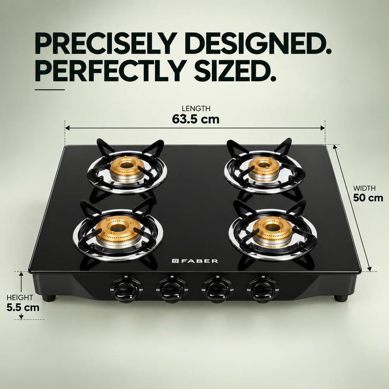 Faber Jumbo Glass Top 4 Burner Gas Stove, Manual Ignition (Jumbo 4BB BK), Black