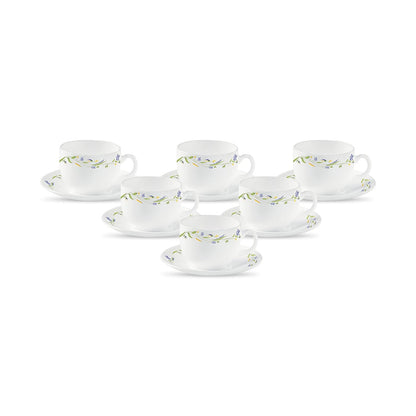 La Opala Diva, Opal Glass Crockery | Cup & Saucer Iris Regular, Set of 12 | Morning Glory, 160 ml | for Tea & Coffee | Microwave Safe | 100% Vegetarian | Extra Strong | Super Light | Super White