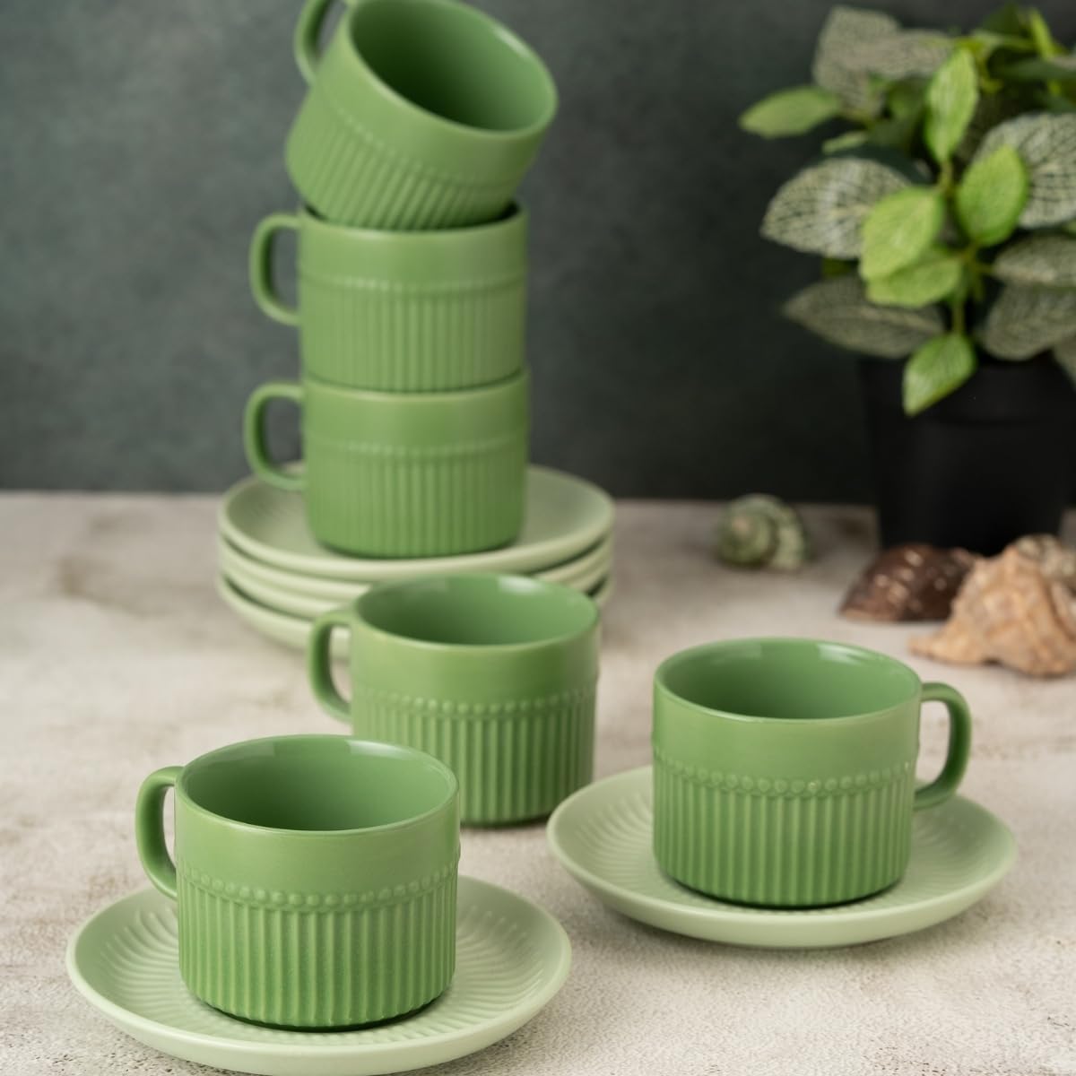Clay Craft Fine Ceramic Crimson Green Cups & Saucer, Set of 12, Cups for Tea & Coffee, Gift Set, Elegant Design for Home and Kitchen and Can Be Gifted to Your Loved Ones On Any Occassions