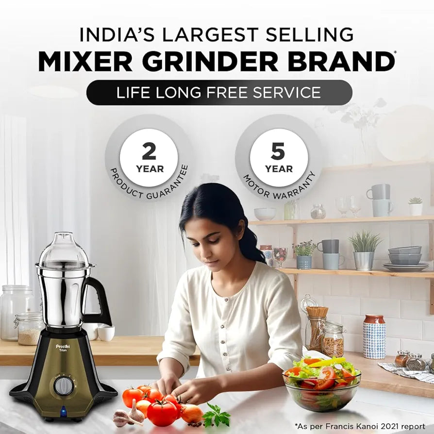 Preethi Titan Mixer Grinder for Kitchen | 3 Jars 1000W Mixie| Black  Plastic