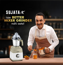 Sujata MG02 Mixer Grinder|1000 Watts Double Ball Bearing Motor|24000 RPM|Non-Stop 90 Mins Running|3 Food Grade Steel Jars including 1500ml Multipurpose, 1000ml Grinder, 500ml Chutney Jar|Beige & White
