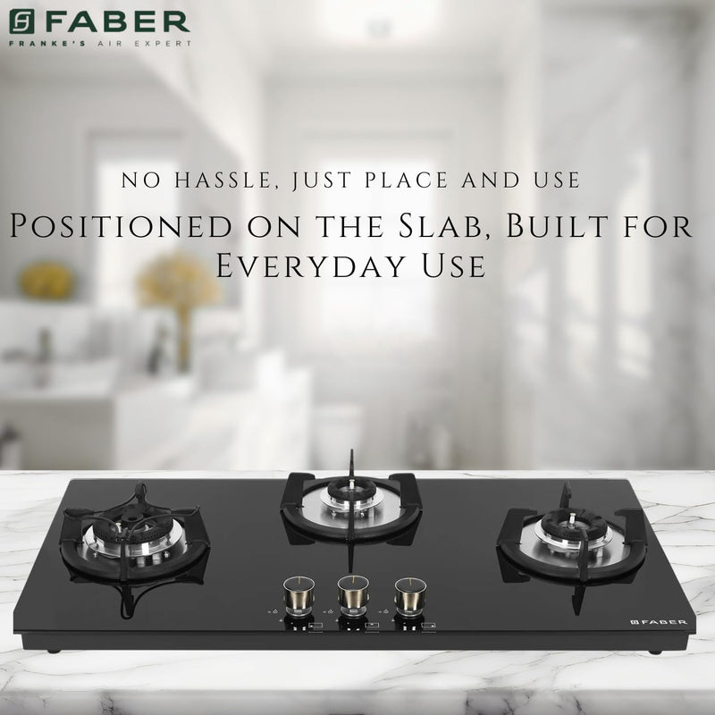 Faber Hob 3 Burner | Auto-Ignition | Spillage Proof | HOB SUPERIA HT903 BR AI |Metal Knobs | Pan Support |5 Yr Warranty 