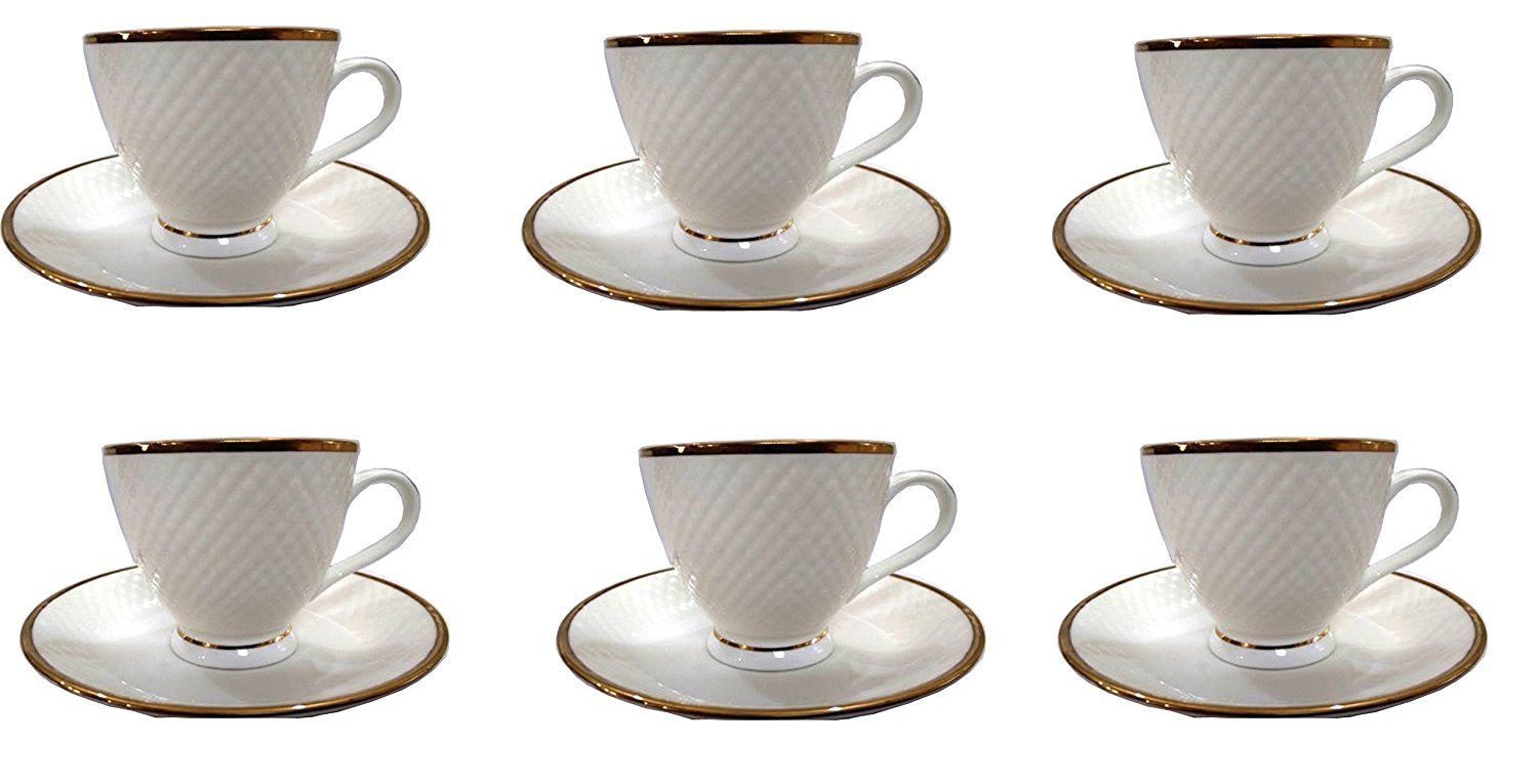 Clay Craft Bone China White Dotted Cup and Saucer Set, 12-Pieces