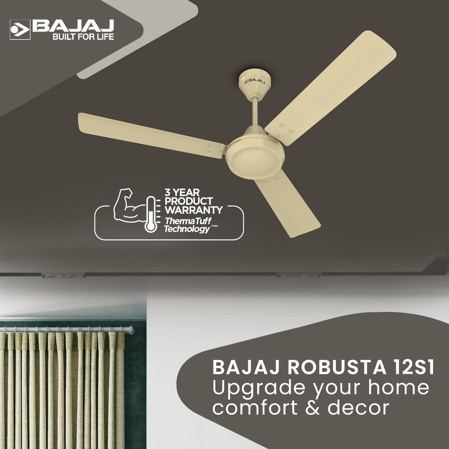Bajaj Robusta 12S1 1200MM 1 Star Rated Ceiling Fans For Home | BEE Stars Rated Energy Efficient Ceiling Fan | Surgeprotekt Motor | 2 Years Warranty 【Base Ivory】
