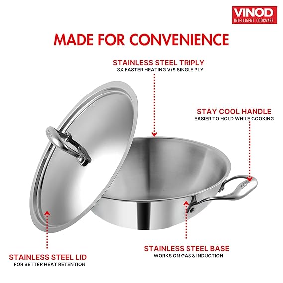 Vinod Platinum Triply Stainless Steel Kadai with Lid (Induction Friendly)