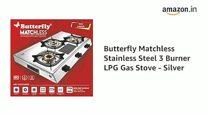 Butterfly Matchless Stainless Steel 3 Burner LPG Gas Stove, Manual Ignition