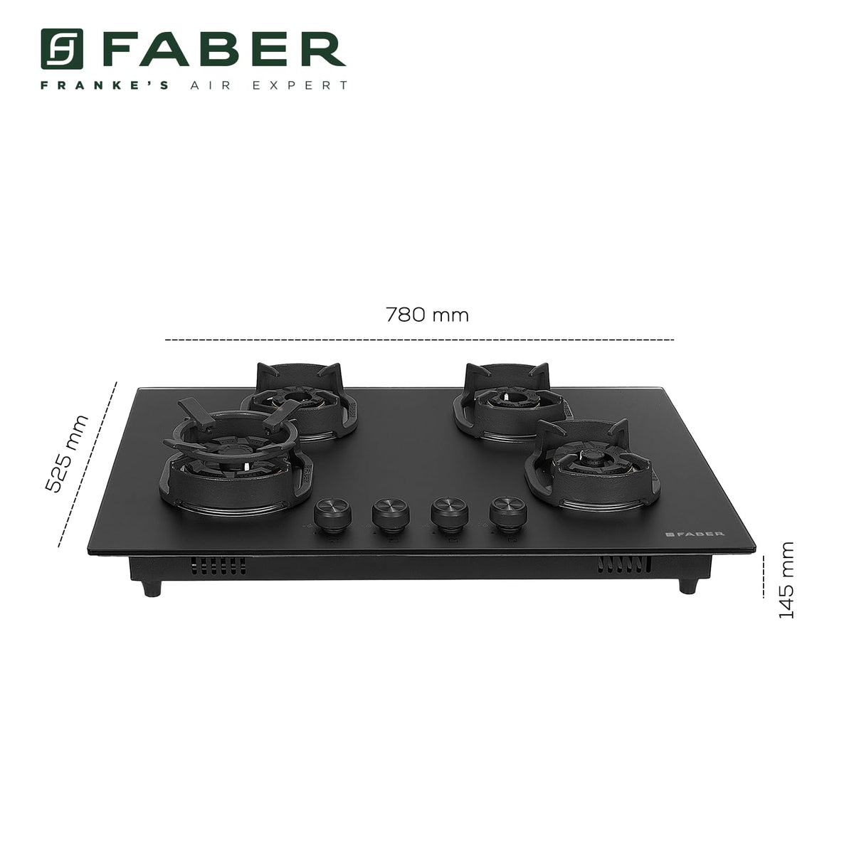Faber Della 4 Burner 78cm Hob |Auto-Ignition|Brass Burner| Cast Iron Pan Support |Hob/Cooktop Hybrid| Matt Black Glass F